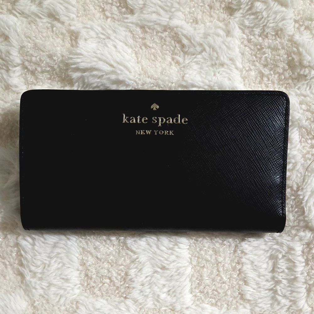 kate spade Black Saffiano Leather Long Continental Wallet with Gold Logo
